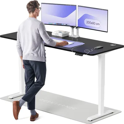 Produktbild von Desktronic HomePro Elektrisch höhenverstellbarer Schreibtisch 200x80cm Weiß/Schwarz mit Memory-Funktion, Anti-Kollisions Technologie, USB-A und USB-C-Ladeanschlüssen