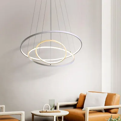 Zdjęcie produktu dla 130White-3, wymiary 80x60x40 cm, biała lampa wisząca Eurotondisplay 2130-3 z pierścieniami LED, sterowana pilotem, możliwość regulacji barwy i intensywności światła