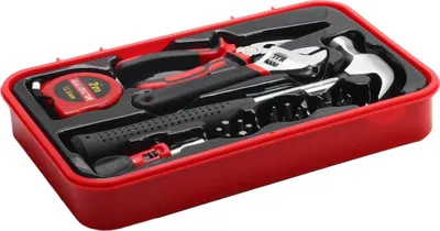 A red toolbox containing a set of tools.