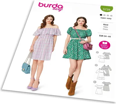 Productafbeelding van Patroon Burda 5728 - Jurk met ruches, geplooide jurk, jurk met wijde schouders, Carmenjurk