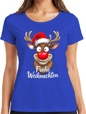 Produktbild von Frohe Weihnachten Lustiges Rentier Rudolf Weihnachtsmütze Cartoon Damen T-Shirt, Blau, S