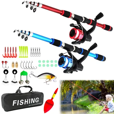 Image de Ensemble de pêche pour enfants, comprenant 2 cannes télescopiques de 180 cm, avec moulinet et fil, et une sacoche pour enfants