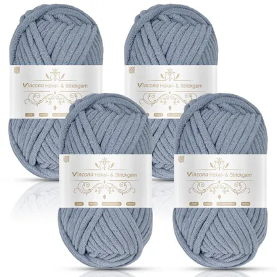 Immagine prodotto di Filato chenille, super grosso, 4 gomitoli da 100g, grigio chiaro, 7 mm, poliestere