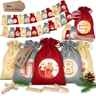 Produktbild von KESSER® Adventskalender zum Befüllen 24 Jutebeutel Gedruckte Stoffbeutel Kinder Weihnachtskalender zum Selber Befüllen Inkl.. 24x Schildchen + 1 Großer Aufbewahrungsbeutel Stoff