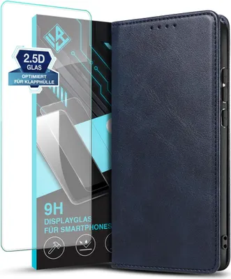 Produktbild von Handyhülle für Xiaomi Redmi Note 14 Pro 5G mit 9H Displayglas Kunstleder Flip Cover Hülle Handytasche Case Kartenfach Farbe: Blau