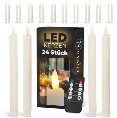 Productafbeelding van LED-kaarsen, 24 stuks, ECHT WAX, WIT - met timerfunctie (6 uur) - 23 cm hoog, geschikt voor kaarsen met een diameter van 2,2 cm. Vereist 2 AAA-batterijen. LED-kaarsen, set van 4, 6 stuks, WIT, bewegende vlam, licht