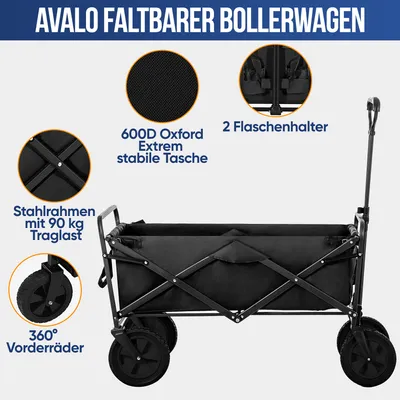 Produktbild von Avalo Wagen klappbar mit Rollen - wetterfester Bollerwagen faltbar mit 65 Litern Fassungsvermögen | 360°-Drehung Bollerwagen Strand faltbar für Transport, Reisen & Outdoor-Einsätze