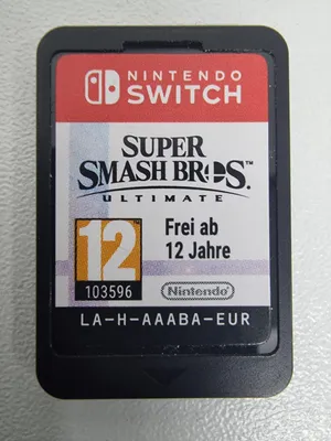 A Nintendo Switch game cartridge for Super Smash Bros. Ultimate.