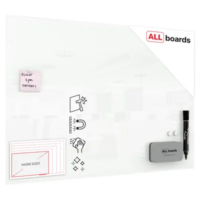 A white glass board with accessories and icons indicating features.