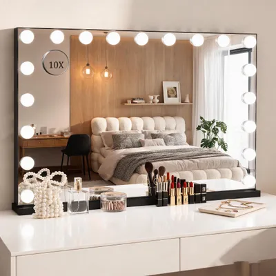 Produktbild von Puluomis Kosmetikspiegel Hollywood 80x60cm, Schminkspiegel mit Beleuchtung, 18 LED 3 Farben Dimmbar mit USB, 10fach Vergrößen, Wandspiegel schwarz
