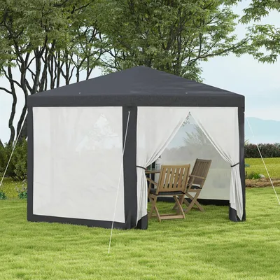 Produktbild von Gartenpavillon 6-eckig mit Netzvorhängen, Sechseckpavillon Metallgestell pulverbeschichtet, Dunkelgrau | 394x341x250 cm | 6 Abflusslöcher | 10 kg