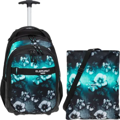 Produktbild von Trolley Rucksack 2 Teile Set Elephant Hero Signature Schultasche Ranzen Trolly Schultrolley Turnbeutel Mädchen Premium 12806 Flower Türkis-Schwarz Verlauf tt