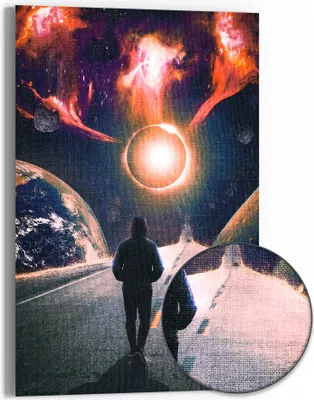 Produktbild von DEQOART Hybrid Leinwand Bild 60x90 cm 'Kosmische Entdeckung' Wandbild Glas flach modern