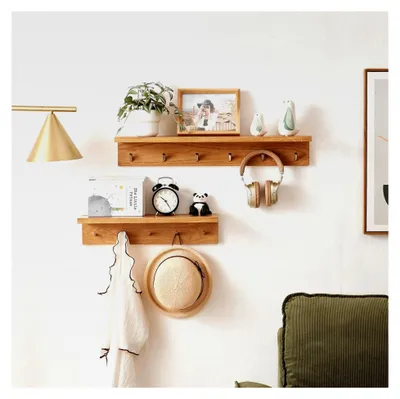 Produktbild von Garderobenleiste aus Holz 50 cm mit 5 Haken und Ablage für Wandmontage