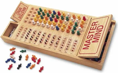 A wooden Master Mind board game with colored pegs is displayed on a white background.