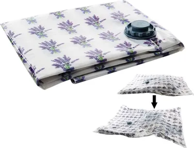 A vacuum storage bag with a lavender pattern and a valve, shown folded and with two smaller inset images demonstrating its use.