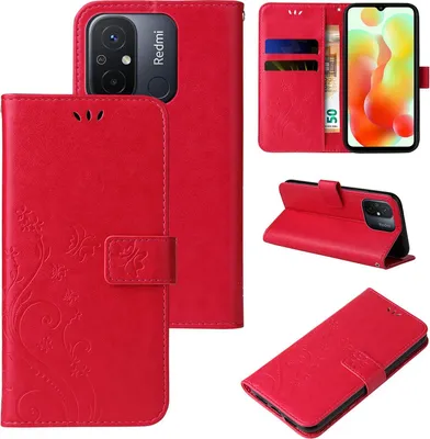 A collage of images showing a red flip phone case with floral and butterfly designs, including shots of the case open, closed, and propped up.