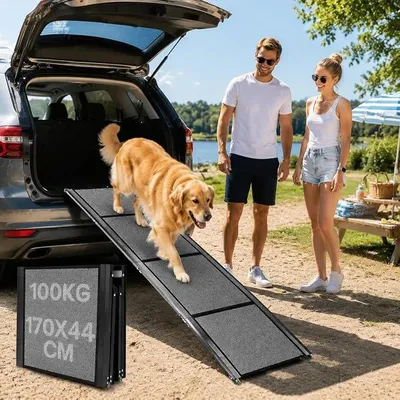 Obrázek produktu pro Rampa pro psy do auta, skládací, hliníková, do 100 kg – schůdek pro psy, pomůcka pro snadný vstup, s protiskluzovou podložkou, vhodná pro SUV a kombi – 4-násobně skládací rampa do kufru, rozměry 170 x 44 cm