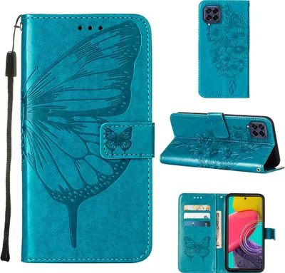 Produktbild von Galaxy M53 5G Hülle, Schmetterling Prägung Flip Leder Kartenfächer Schutzhülle Ledertasche mit Ständer für Samsung Galaxy M53 5G Blau