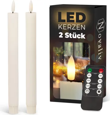 Produktbild von Stabkerzen LED mit Timer WEISS 2er indoor mit 6 Stunden Timer - ECHTWACHS gerippt 23cm Höhe für Kerzen 2,2cm Durchmesser 2 AAA Batterien notwendig LED Stabkerzen flackernde Flamme bewegliche Flamme