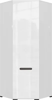 A white corner cabinet with a gray handle.