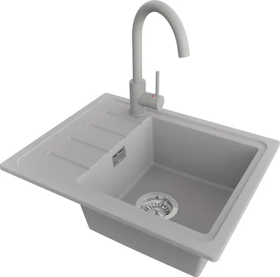 Produktbild von PRIMAGRAN Granitspüle Grau 55x44cm, Spülbecken 1 Becken + Küchenarmatur 32x20cm + Ablauf-Set, Küchenspüle ab 45er Unterschrank - Kopenhagen Easy