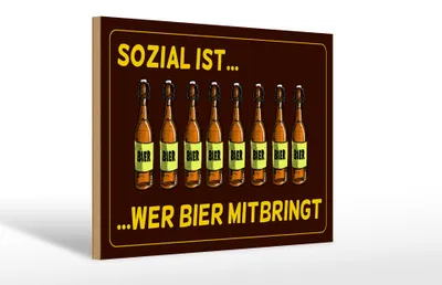 Produktbild von Holzschild Alkohol 30x20cm sozial ist wer Bier mitbringt braun