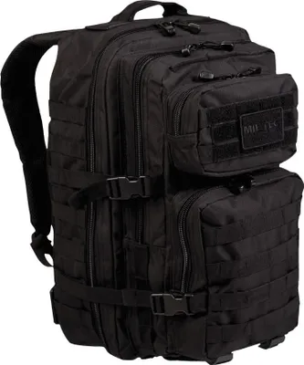 A black backpack is shown against a white background.