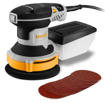 Image de Excentriqueuse - 300W - 14000 tr/min - Plateau de ponçage de 125 mm - 16 disques de ponçage - Système d'aspiration des poussières - Jaune