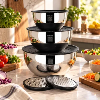 Immagine prodotto di Serenk Set di ciotole con coperchio, 9 pezzi di insalatiere in acciaio inox, ermetiche, set di ciotole 1,35-4,60 L, nero,  Türkiye