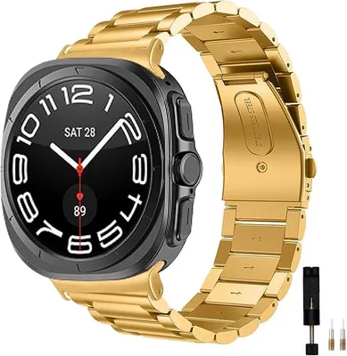 Produktbild von FFO2World Edelstahl-Gliederarmband – Kompatibel mit Samsung Galaxy Watch Ultra 47 mm / Ultra 2025 – Metallarmband mit Kürzungswerkzeug – Gold