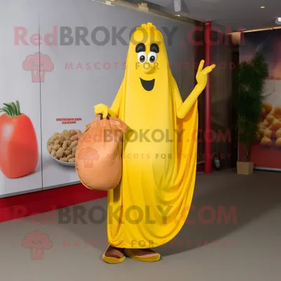 Immagine prodotto di Personaggio del costume della mascotte REDBROKOLY del Currywurst giallo vestito con un abito da sera e pochette