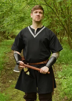 Produktbild von Mittelalter-Tunika Ailrik mit Bordüre, kurzarm, schwarz - Mittelalterkleidung Herren Kostüme Wikinger LARP Größe: L