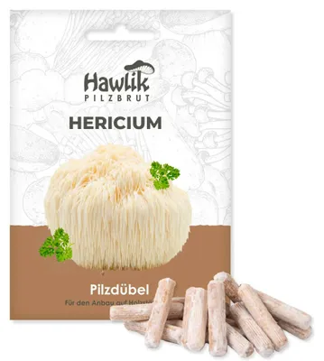 Produktbild von Hawlik Pilzbrut Hericium Dübel – 20 Pilzdübel, Igelstachelbart Pilze anbauen auf Holzstamm, Pilzzucht, KI-generiertes Bild