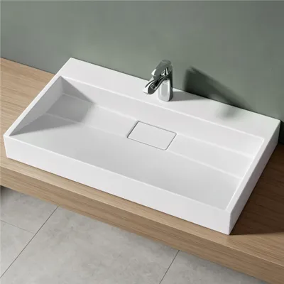 Produktbild von Mai & Mai Waschbecken Aufsatzwaschbecken matt weiß Hänge-Waschtisch Rechteckig 1 Armaturenloch Breite: 80cm inkl. Ablaufgarnitur Col19
