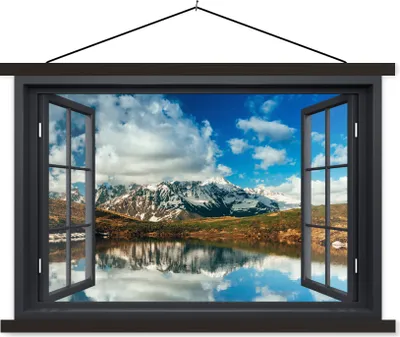 Produktbild von MuchoWow® Textilposter Aussicht - Berge - Wasser 90x60 cm mit schwarzem Rahmen - Aufhängungssatz