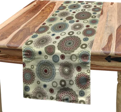 Produktbild von ABAKUHAUS Beige Tischläufer, Vintage Verzierte Runde Motive Bildet Orientalische Nostalgische Alte Welt Retrostil, 40 x 180 cm, Mehrfarbig