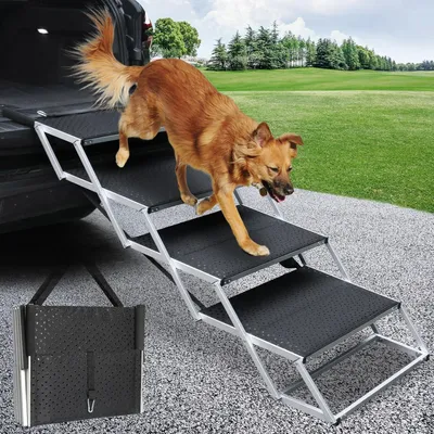 Immagine prodotto di Scala per cani, pieghevole, per facilitare l'accesso all'auto, con altezza regolabile, portata fino a 80 kg, con 4 gradini (altezza 70-90 cm)