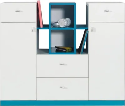 Produktbild von Furniture24 Kommode MOBI MO10 mit 2 Türen und 4 Schubladen Weiß/Türkis