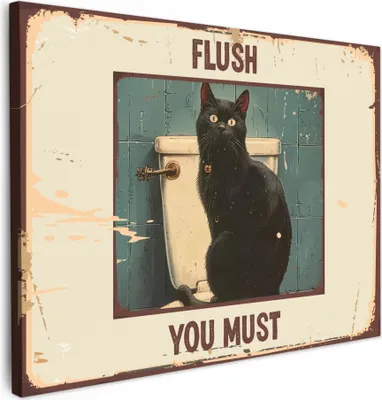Produktbild von MuchoWow® - Leinwandbilder - Katze - Vintage - Schwarz - Zitat - Flush you must, Wandbild, Wanddeko Bilder Wohnzimmer, 80x60 cm