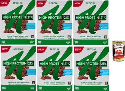 Produktbild von Special K High Protein 21%, Cereals Kakao und Haselnuss, Vollkorn Weizen und Gerste mit Vitaminen und Mineralstoffen, Frühstückscerealien, 6x 320 g + Italian Gourmet polpa 400g