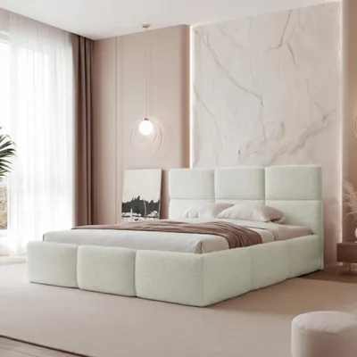 Productafbeelding van Gestoffeerd bed VIVIEN 160x200, wit, bekleed met boucle teddy stof, met opbergruimte en lattenbodem