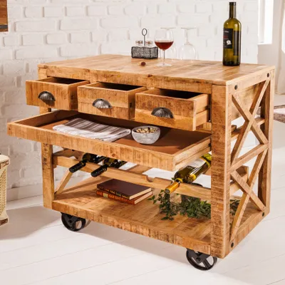 Produktbild von riess-ambiente Industrial Barschrank BODEGA 86cm Mangoholz Servierwagen mit Weinregal Barwagen