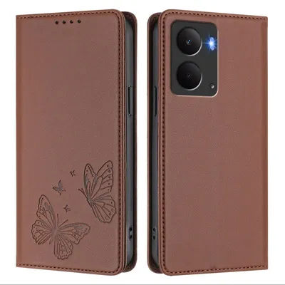 Image de Étui en cuir pour Realme 14 5G, étui de protection type portefeuille en cuir gaufré motif papillon avec support, marron