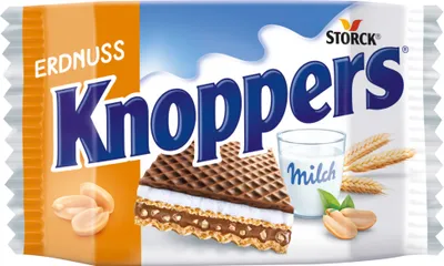Produktbild von STORCK Knoppers Erdnuss, 200 g, Milch, Zucker, pflanzliche Fette (Palm, Shea, Raps), Weizenmehl (12,6%), Magermilchpulver (12,6%),..., 2250 kJ, 539 kcal, 32,3 g