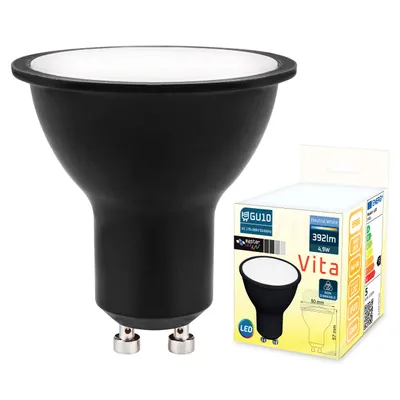 A black LED light bulb and its packaging are shown against a white background.