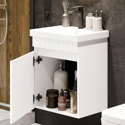 Produktbild von Planetmöbel Cosmia Waschtischunterschrank 50 cm mit Tür Weiß Matt  mit Armatur Schwarz Matt