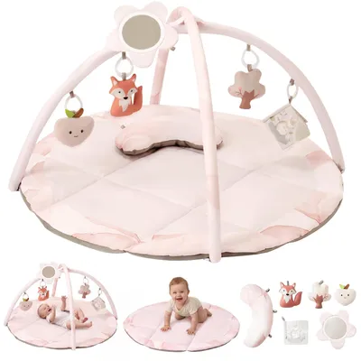 Produktbild von Fortella Spielbogen Baby mit Spielmatte, Bauchzeitkissen & 6 Sensorik-Spielzeugen – Extra Große Krabbeldecke, Abnehmbare Anhänger, Baby Activity Center für Neugeborene, Jungen & Mädchen 0–12 Monate, Rosa