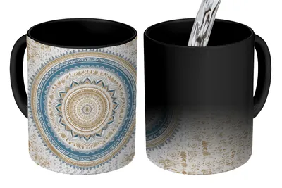 Obrázok produktu pre MuchoWow® Magický hrnček Magická mandala - Modrá - Bohémska - Biela - Dizajn 350 ml Hrnček s meniacou sa farbou Nápad na darček - Magický hrnček - Foto hrnček - Keramické hrnčeky - Obrázky - Šálka kávy - Hrnček na pitie - Hrnčeky na kávu