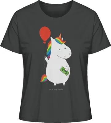 Produktbild von Mr. & Mrs. Panda Basic T-Shirt Damen Einhorn Luftballon Größe S - Anthrazit - Geschenk, Oberteil, Unicorn, Shirt Mit Spruch, Einhörner, für Frauen, Geld